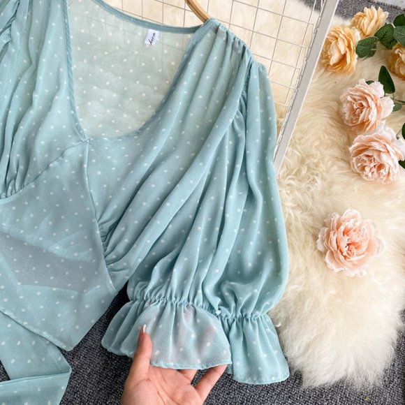 Sexy Polka Dot Chiffon Elegant Flare Sleeve Short Tops And Skirt - Picture 4 of 9